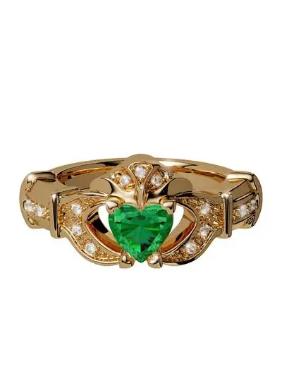 14ct Gold Diamond & Emerald Stackable Claddagh Engagement Ring